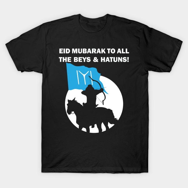 Eid Mubarak Happy Eid al-Fitr al-Adha Kurulus Osman Ertugrul Bey Kayi Flag Drillis Ottoman Empire Turkey Istanbul Gift T-Shirt by Amazing Arts